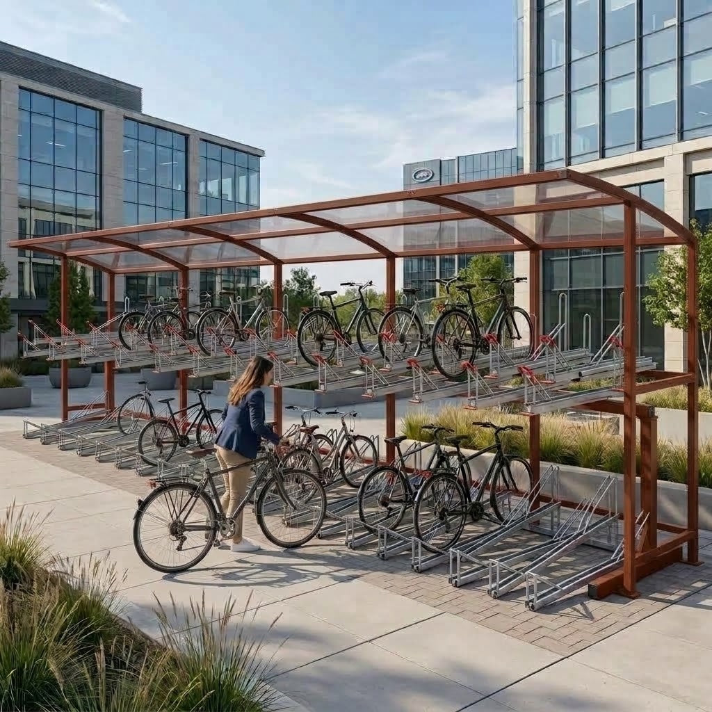 Heavy-Duty Two Level Cycle Storage Shelter for 50 Bicycles