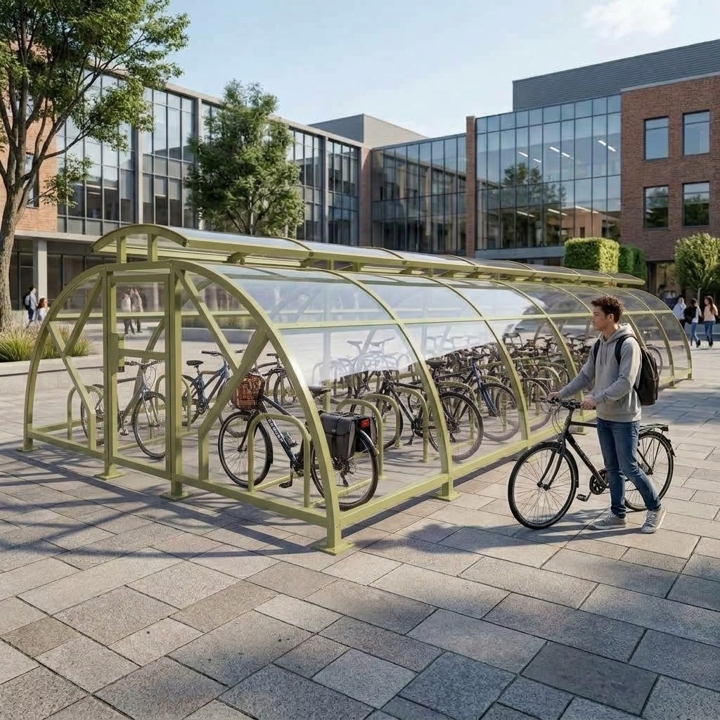 Heavy Duty 80 Cycle Bike Shelter with Vented Roof – Extra Large Secure Covered Bicycle Storage Shelter for Commercial & Public Areas