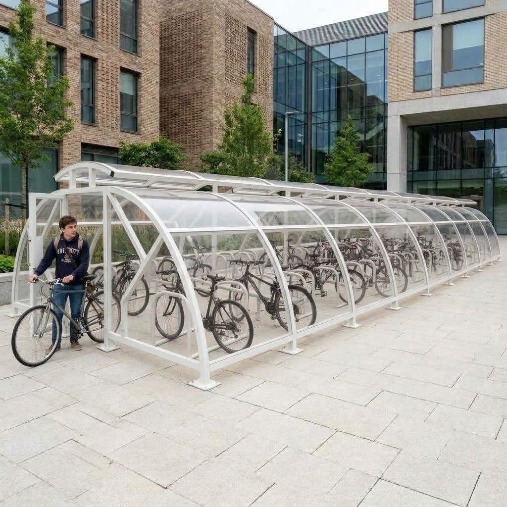 Heavy Duty 88 Cycle Bike Shelter with Vented Roof – Extra Large Secure Covered Bicycle Storage Shelter for Commercial & Public Areas