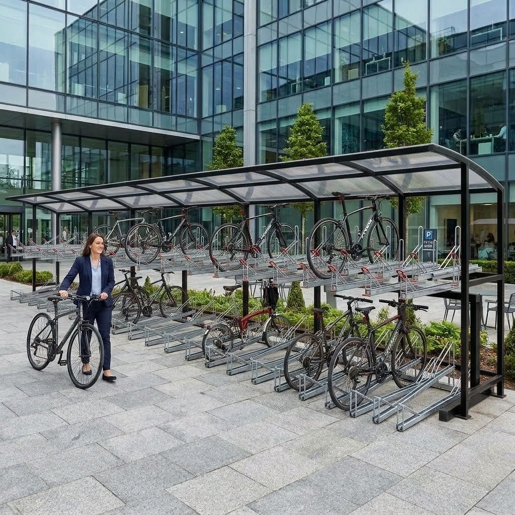 Large Capacity Two-Level Cycle Storage Shelter for 70 Bikes