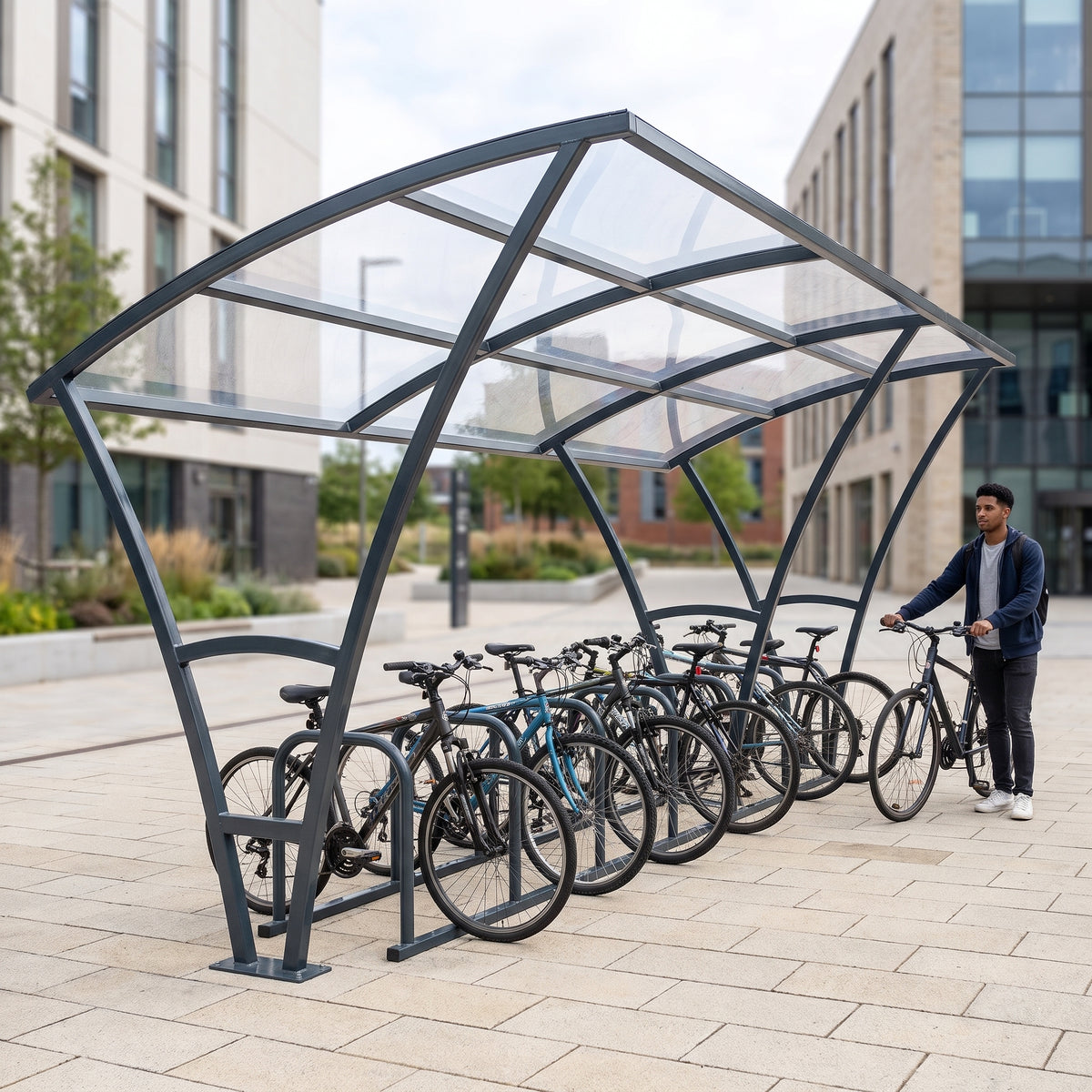 Armstrong 14 cycle bike shelter in Anthracite Grey installed on a university campus with bicycles parked