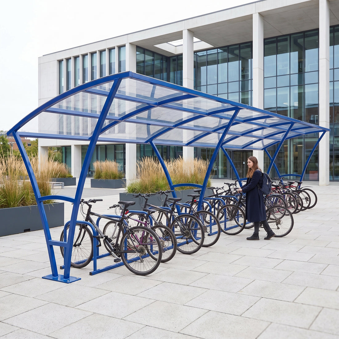 Armstrong 30 cycle bike shelter in Ultramarine Blue in a modern university library courtyard with bicycles parked