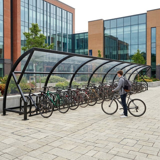 High-Capacity Open Front Cycle Shelter for 44 Bikes – Steel Frame with Curved Polycarbonate Roof