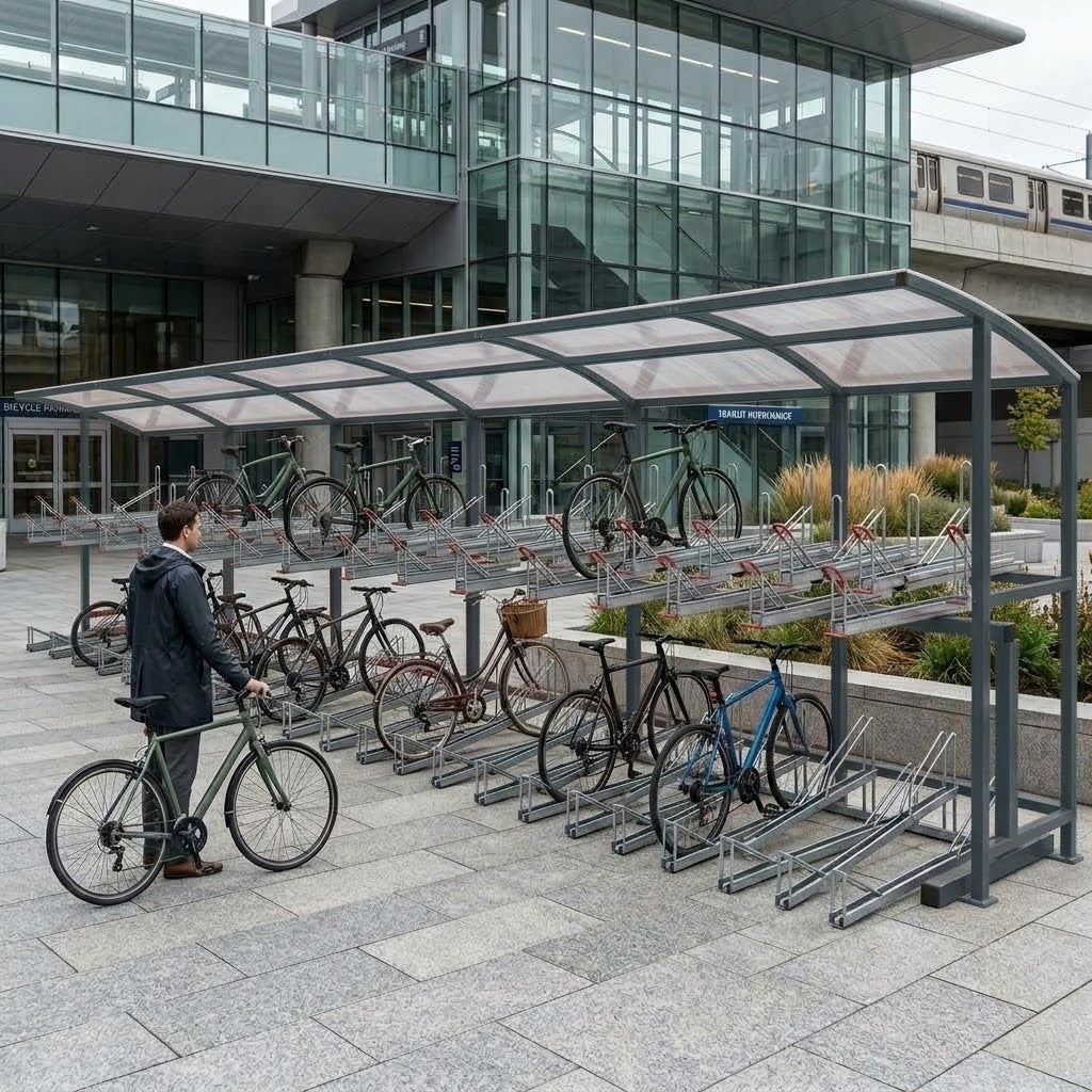 Heavy-Duty Two Level Cycle Parking Shelter for 60 Bicycles