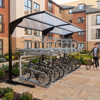 Rydale cantilever two-tier 20 bike shelter in Jet Black at a residential apartment courtyard