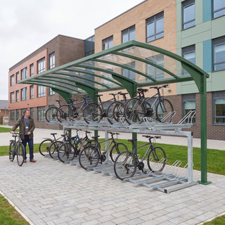 Rydale cantilever two-tier 30 bike shelter in Leaf Green at a school