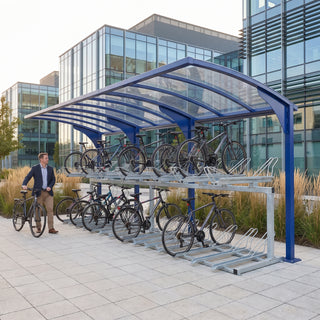Rydale cantilever two-tier 30 bike shelter in Ultramarine Blue at a technology park