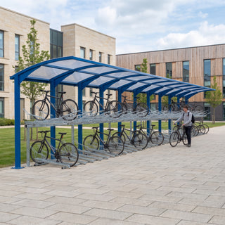 Rydale Cantilever two tier 100 bike shelter in RAL 5017 Traffic Blue at a university campus