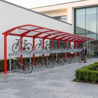 Rydale Cantilever two tier 100 bike shelter in RAL 3020 Traffic Red at a hospital