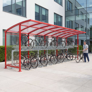 Rydale Minor two tier 50 bike shelter in RAL 3020 Traffic Red at a hospital staff bike park