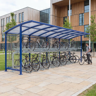 Rydale Minor two tier 50 bike shelter in RAL 5002 Ultramarine Blue at a university campus