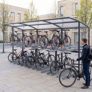 Rydale Minor two tier 30 bike shelter in RAL 7016 Anthracite Grey at a university campus