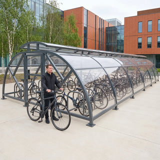 60 cycle Salisbury closed compound bike shelter with vented roof in RAL 7016 Anthracite Grey at a research institute