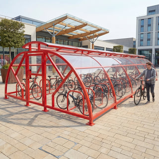 60 cycle Salisbury closed compound bike shelter with vented roof in red at a shopping centre