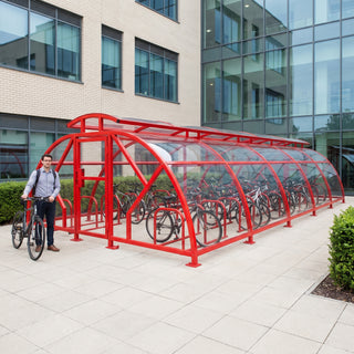 48 cycle Salisbury closed compound bike shelter with vented roof in red at a hospital
