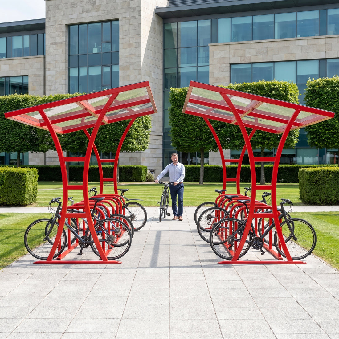 Double-sided 20 bike shelter in traffic red at a corporate headquarters