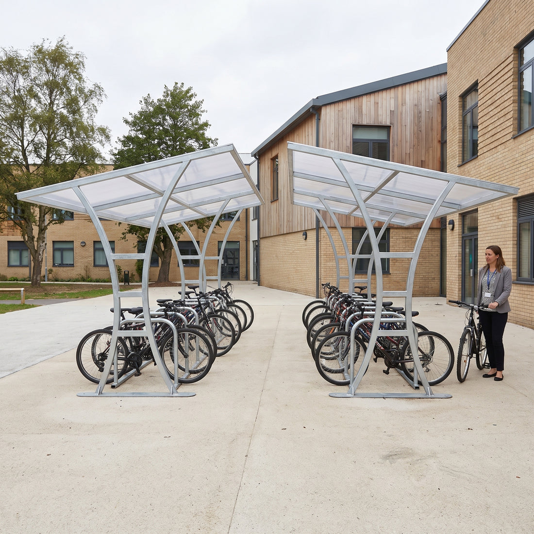 Double-sided 28 bike shelter in galvanised finish at a school