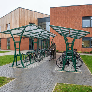 Tavistock Double 48 bike shelter in Moss Green at a school