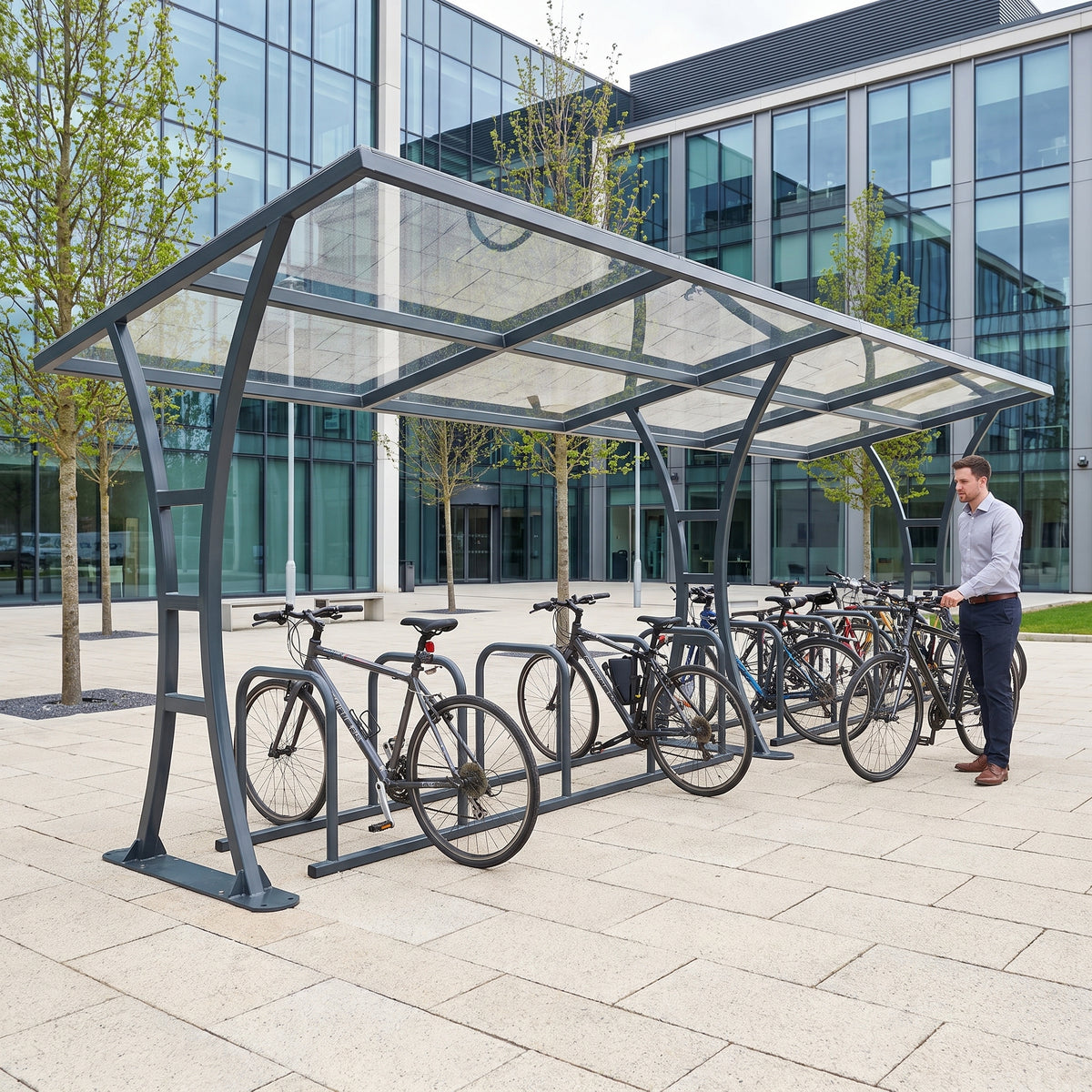 20 bike cycle shelter in anthracite grey at a corporate business park