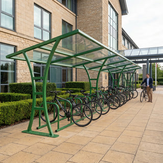 30 bike cycle shelter in leaf green outside a hotel and conference centre