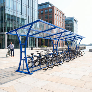 30 bike cycle shelter in ultramarine blue at a waterfront development