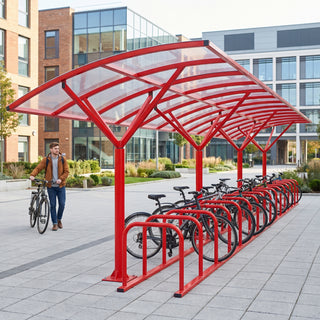 28 cycle bike shelter in Traffic Red with bicycles parked on a university campus