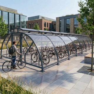 Heavy Duty 80 Cycle Bike Shelter with Vented Roof – Extra Large Secure Covered Bicycle Storage Shelter for Commercial & Public Areas