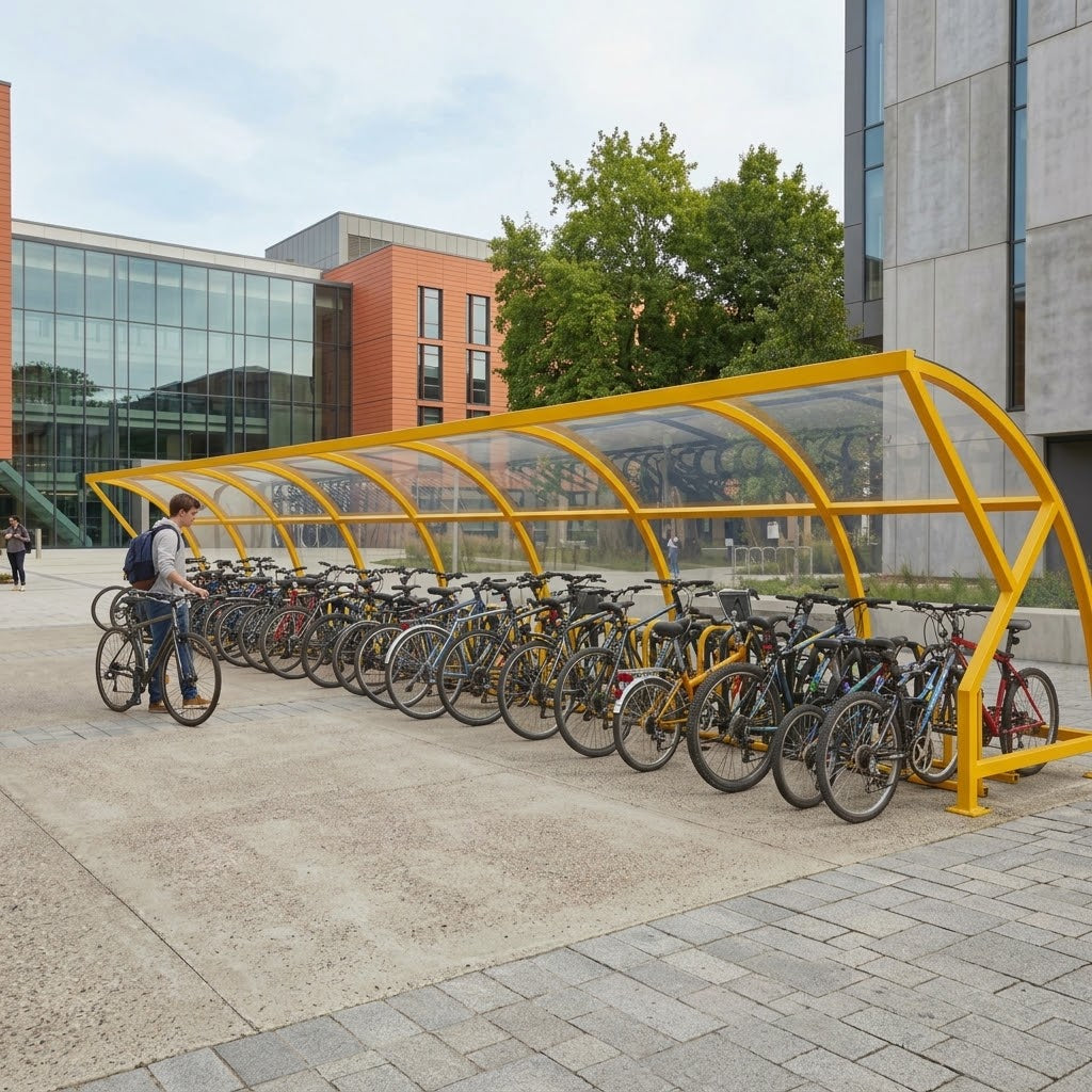 High-Capacity Open Front Cycle Shelter for 44 Bikes – Steel Frame with Curved Polycarbonate Roof
