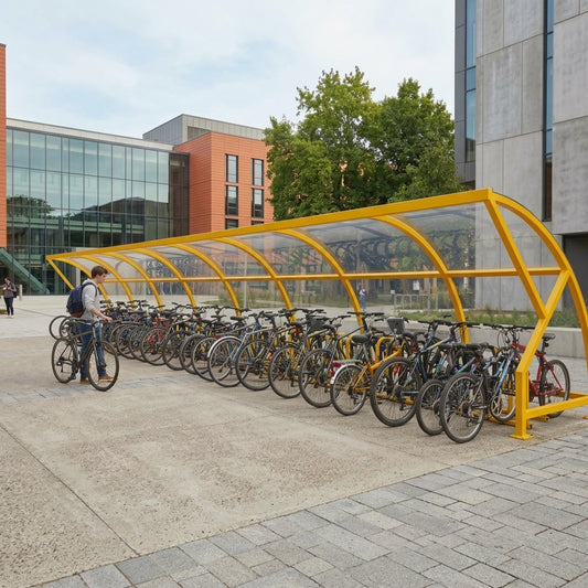 High-Capacity Open Front Cycle Shelter for 44 Bikes – Steel Frame with Curved Polycarbonate Roof