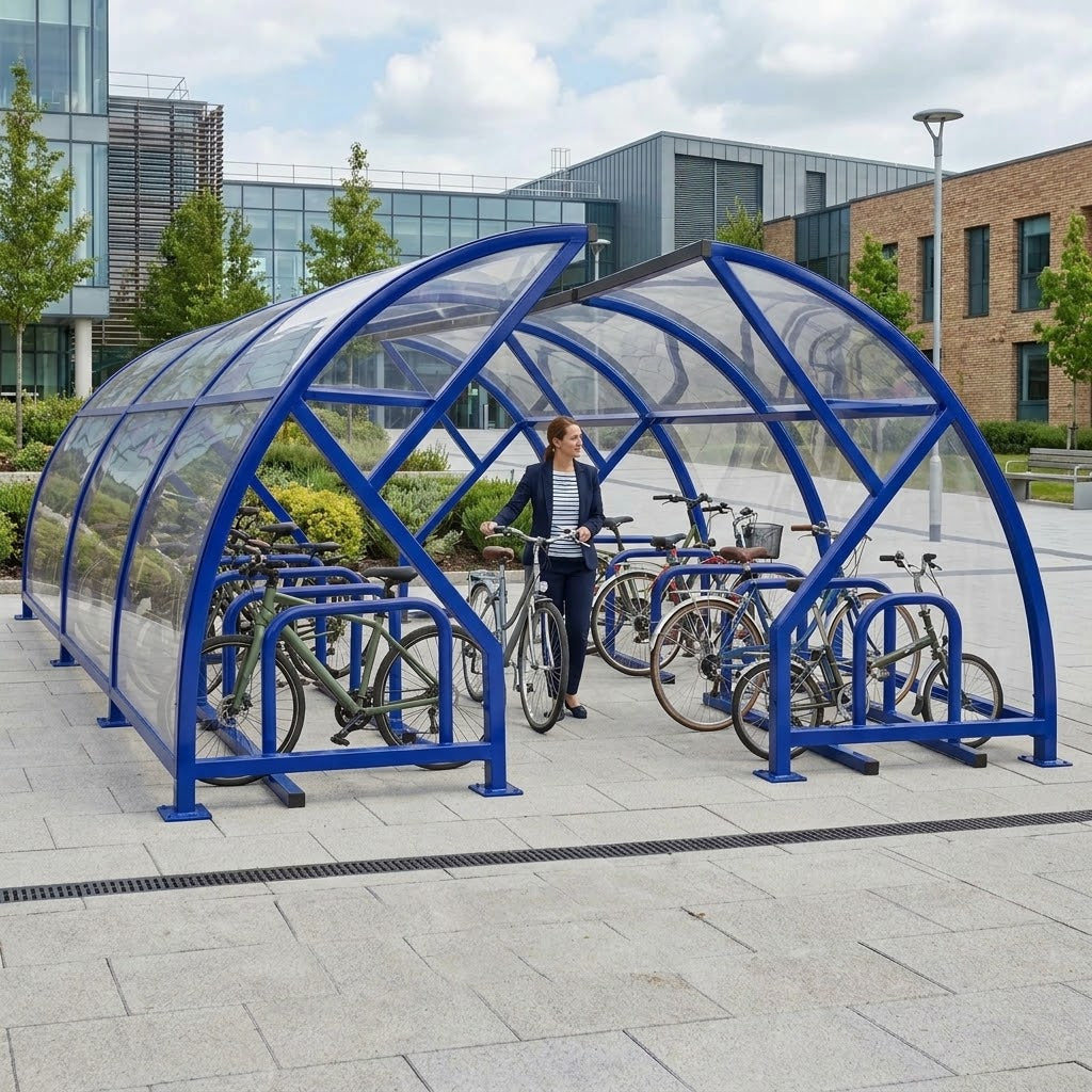 Open Front Cycle Shelter – 28 Bicycle Capacity Steel Frame System