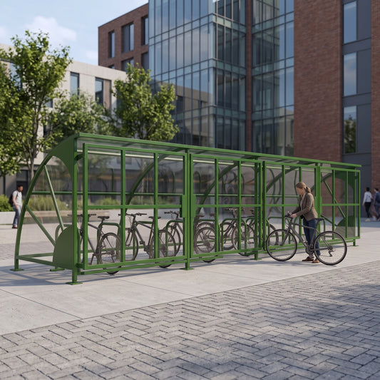 Lockable 20 Bike Storage Shelter – Secure Outdoor Cycle Compound with Steel Frame, Mesh Sides & Weatherproof Roof – Commercial Bicycle Parking Unit