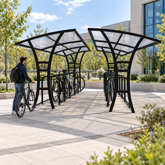 High Capacity 28 Cycle Parking Shelter – Double Access Outdoor Bike Storage System with Steel Frame