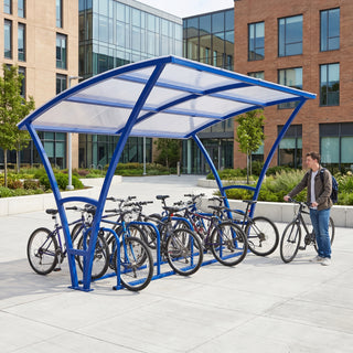 Armstrong 10 cycle bike shelter in Ultramarine Blue installed on a university campus with bicycles parked