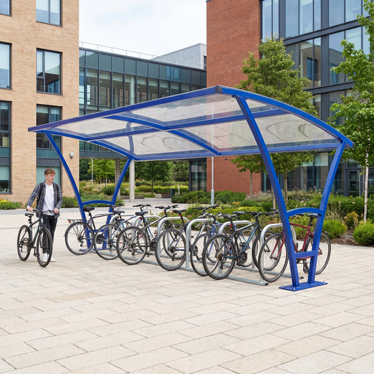Armstrong 12 cycle 5m bike shelter in Ultramarine Blue installed on a university campus with bicycles parked