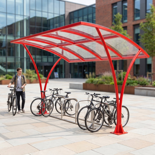 Armstrong CHS 10 cycle curved bike shelter in Traffic Red installed on a university campus with bicycles parked