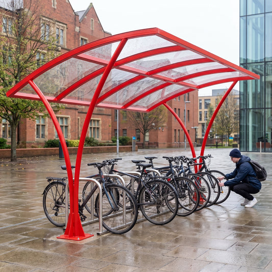 Armstrong CHS 14 cycle curved bike shelter in Traffic Red at a UK university with a student locking his bike