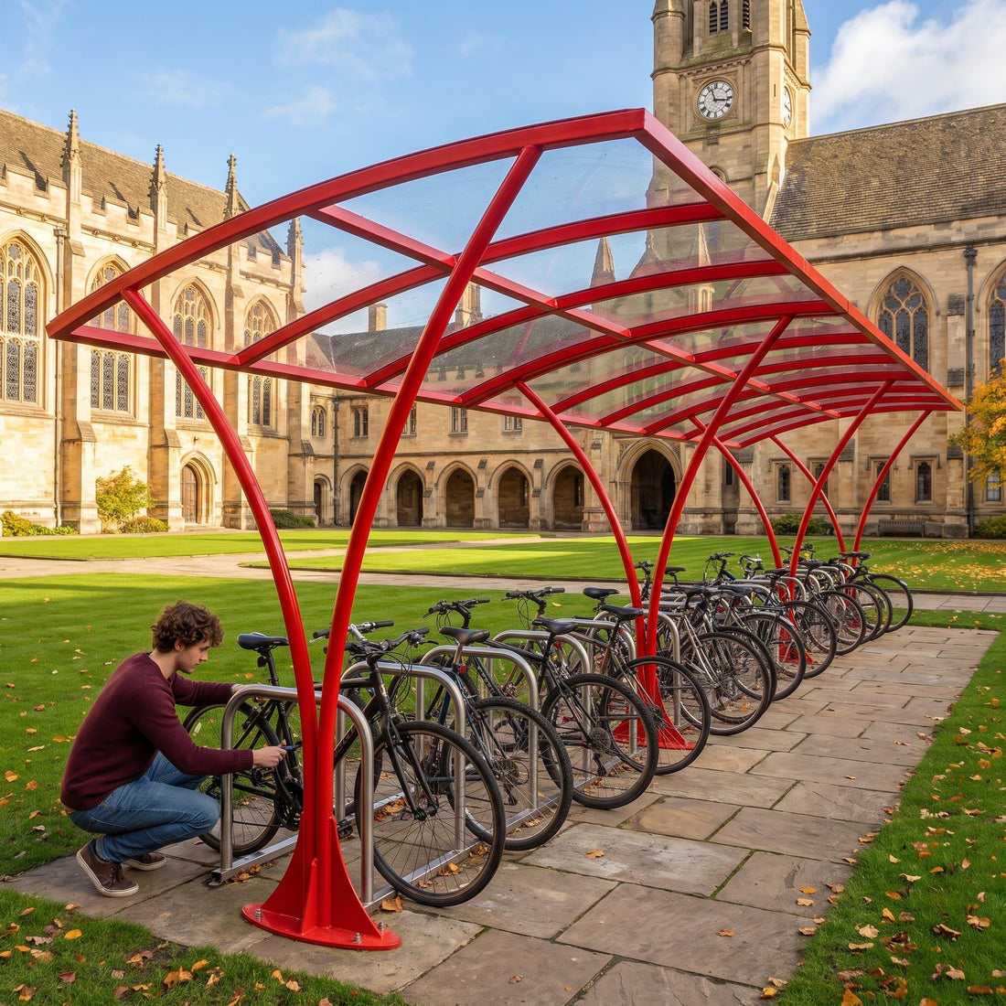 Armstrong CHS 24 cycle curved bike shelter in Traffic Red in a UK university quad with a student locking his bike