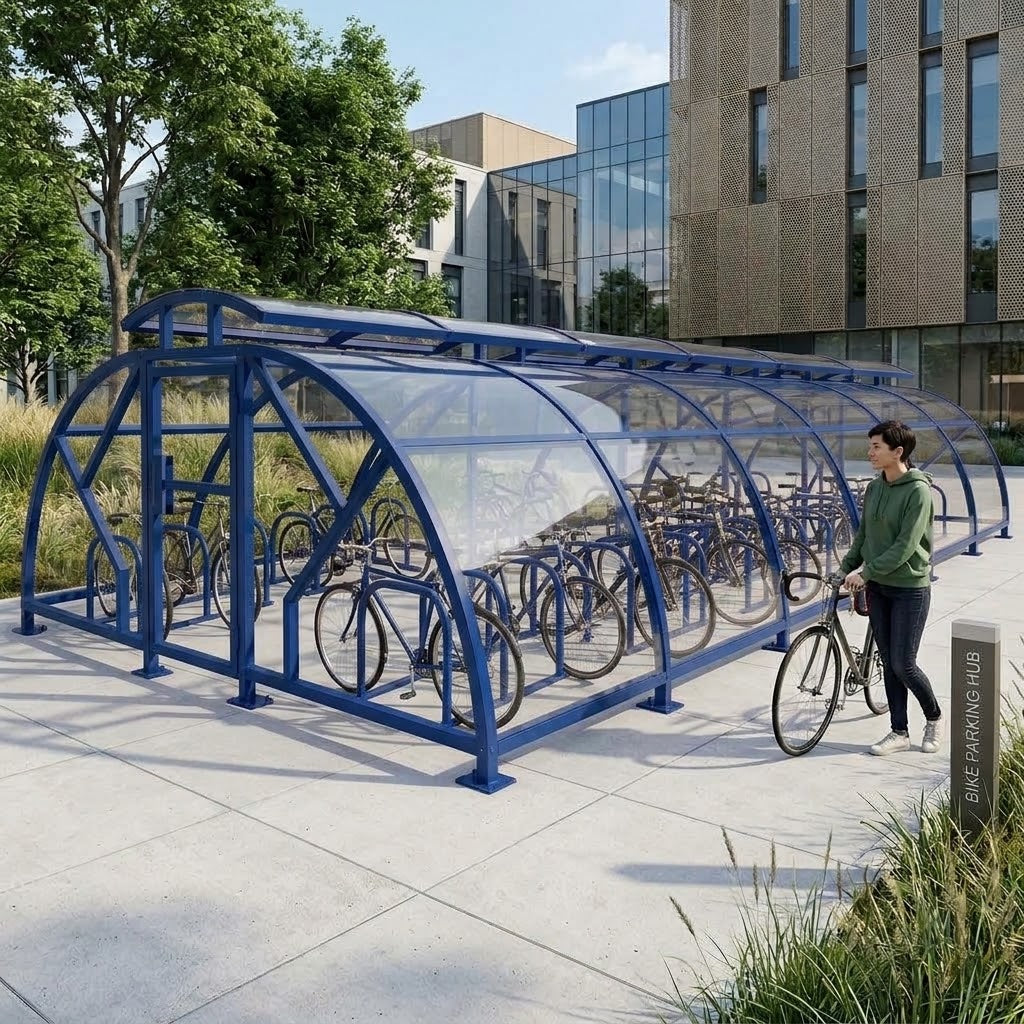 Heavy Duty 68 Cycle Bike Shelter with Vented Roof – Large Secure Covered Bicycle Storage Shelter for Commercial & Public Areas
