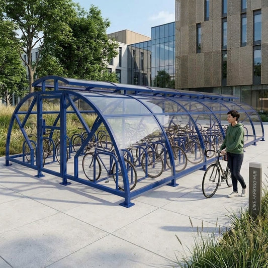 Heavy Duty 68 Cycle Bike Shelter with Vented Roof – Large Secure Covered Bicycle Storage Shelter for Commercial & Public Areas
