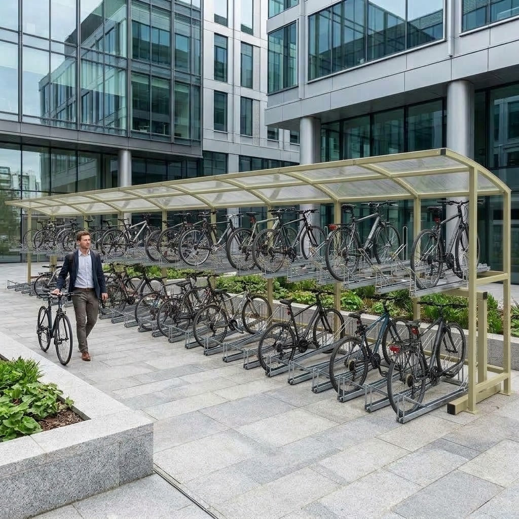High-Capacity Outdoor Bike Parking Shelter for 80 Bicycles