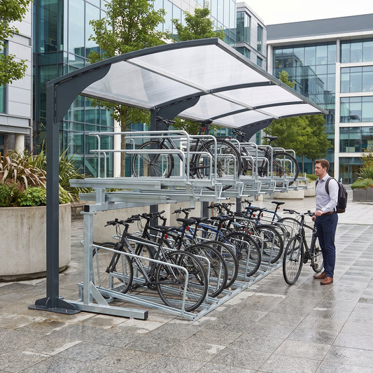 Rydale cantilever two-tier 20 bike shelter in Anthracite Grey at a business park