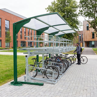 Rydale cantilever two-tier 20 bike shelter in Moss Green at a university campus