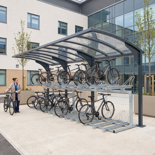 Rydale cantilever two-tier 30 bike shelter in Anthracite Grey at a hospital staff parking area