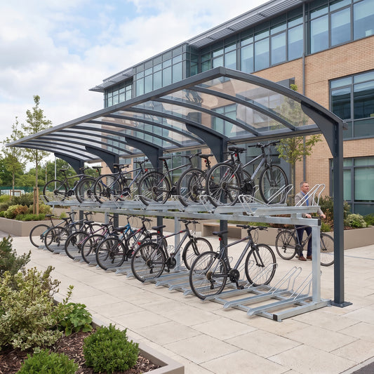 Rydale cantilever two-tier 40 bike shelter in Anthracite Grey at a corporate office headquarters