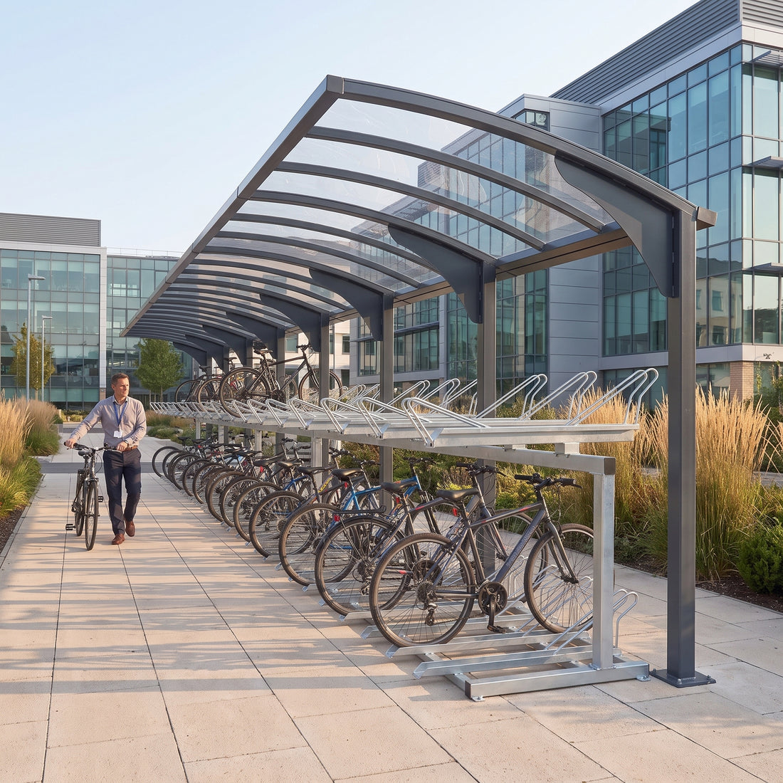 Rydale cantilever two-tier 60 bike shelter in Anthracite Grey at a technology park