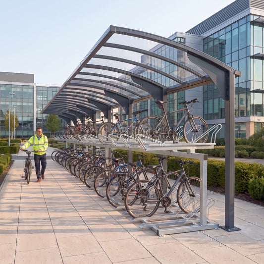 Rydale cantilever two-tier 70 bike shelter in Anthracite Grey at a business campus