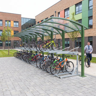 Rydale cantilever two-tier 80 bike shelter in Leaf Green at a school