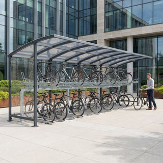 Rydale Minor two tier 50 bike shelter in RAL 7016 Anthracite Grey at a corporate office headquarters