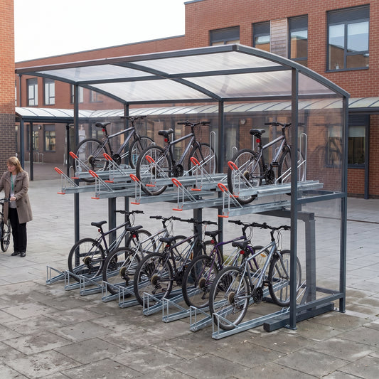 Rydale Minor two tier 20 bike shelter in RAL 7016 Anthracite Grey at a school courtyard