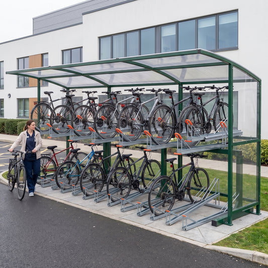 Rydale Minor two tier 30 bike shelter in RAL 6005 Moss Green at a hospital